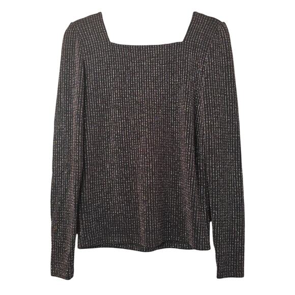 LOFT Sweater Womens Medium Black Rainbow Metallic Long Sleeve Square Neck Top - Picture 2 of 9